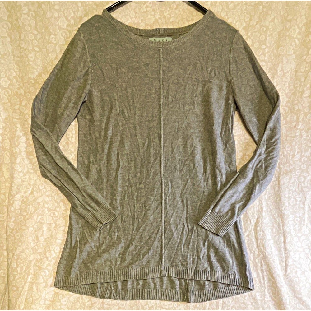 Vass Cashmere Blend Women's M Gray Solid Knit Round Neck Long Sleeve Sweater Zip